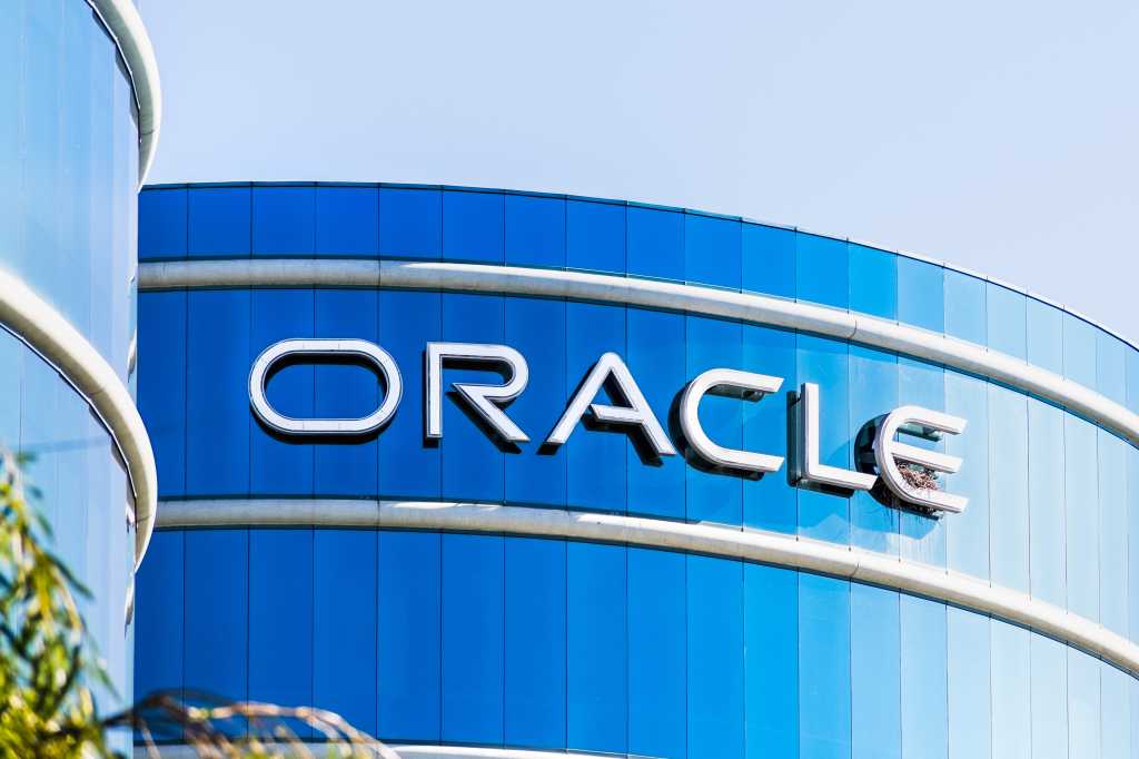 Oracle logo at their HQ in Silicon Valley; Oracle Corporation is a multinational computer technology company specializing in database management systems