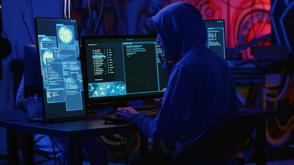 Hackers in dark room running code to breach defenses and exploit weaknesses in computer systems. Evil developers in basement getting past companies security networks, handheld camera shot