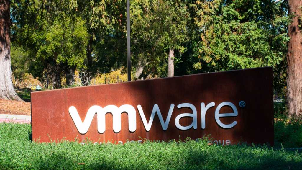 A photograph of a sign with the VMware logo.