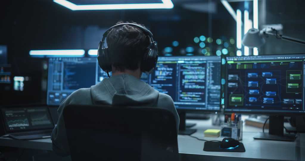 System Administrator Working in a Dark Research Facility on a Computer with Multiple Displays. Software Developer in Casual Clothes Wearing Headphones and Updating Server System Database