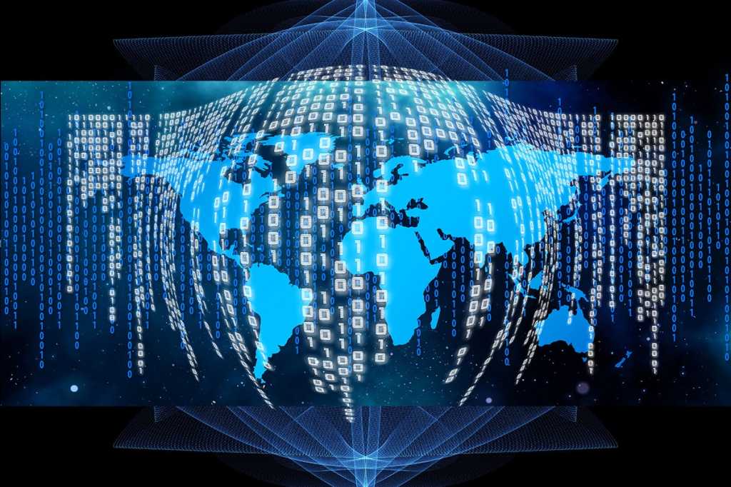 binary code spanning a world map