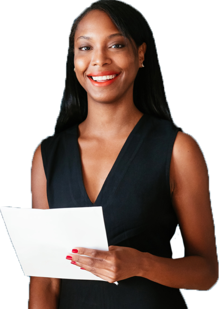 Black woman smiling at camera holding paper<br />

